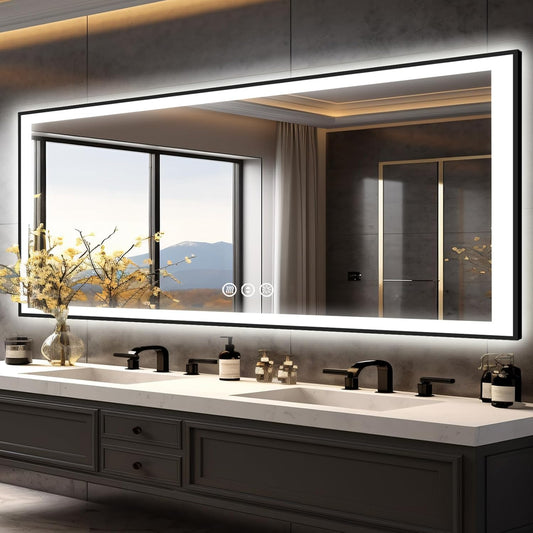 88x38 Large Light up Bathroom Mirror, Wall-Mounted LED Vanity Mirrors, Black Trim and Double Lights, 3 Colors and Stepless Dimming, Anti-Fog, Memory, Shatterproof (Horizontal/Vertical)