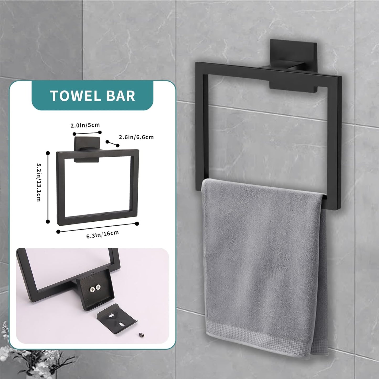 5-Pieces Matte Black Bathroom Hardware Accessories Set, 15.6 inch Towel Bar,Towel Racks for Bathroom, Robe Towel Hooks, Toilet Paper Holder Wall Mounted