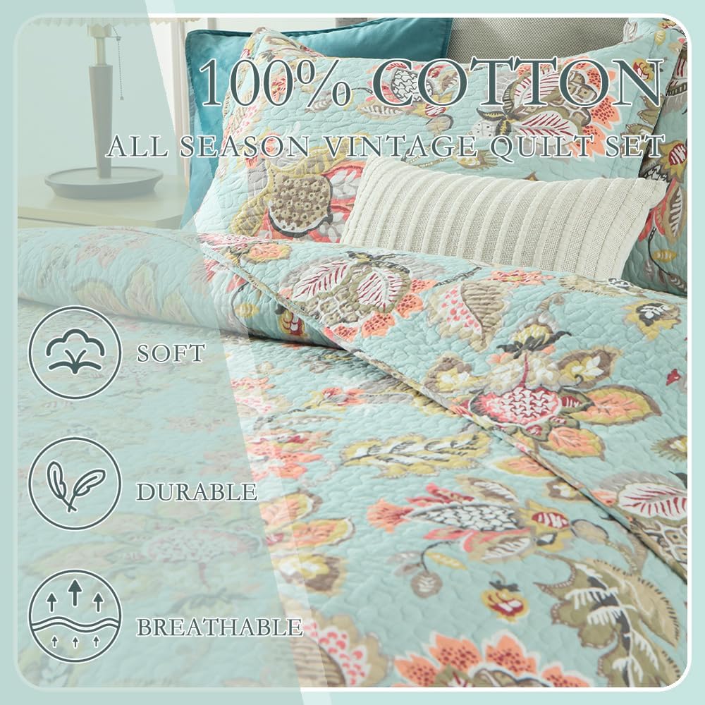 Cotton Bedspread Bedding Coverlet Quilt Sets, Reversible Vintage Branch Floral Bedspread comforters, (Vintage Floral Blue Pattern, Queen Size)
