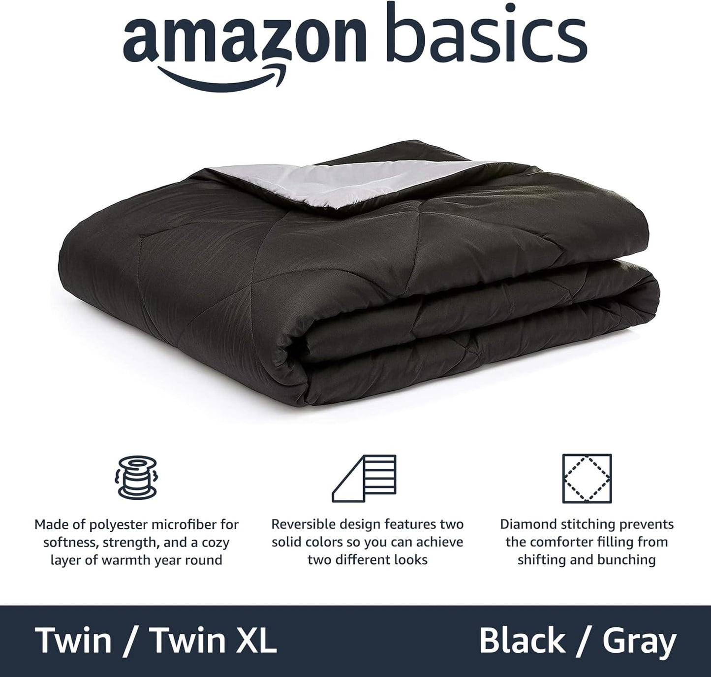 Amazon Basics Comforter Blanket Twin/Twin XL, Reversible Lightweight Microfiber All Season Blanket, Black/Grey