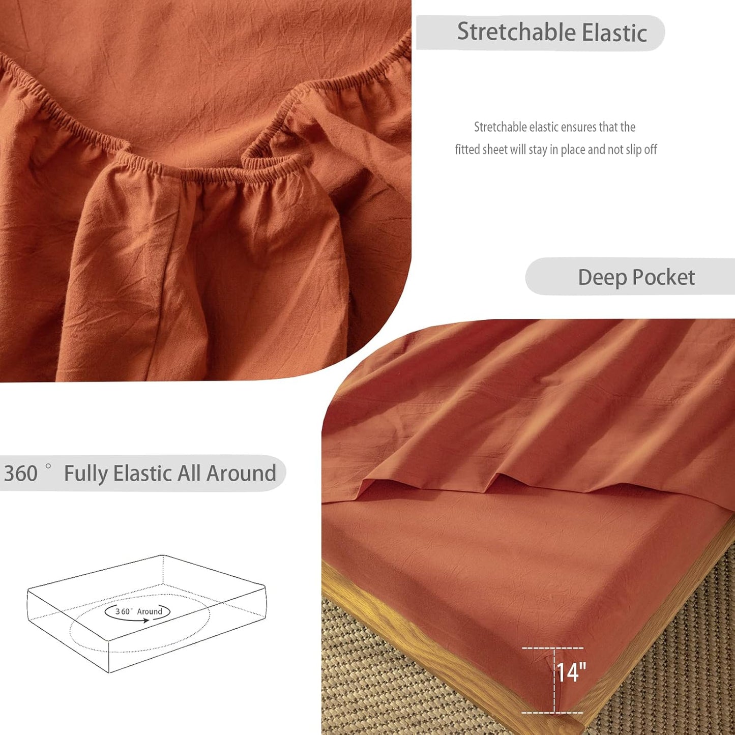 MooMee Bedding Sheet Set 100% Washed Cotton Linen Like Textured Breathable Durable Soft Comfy (Solid Rust Brown, Full)