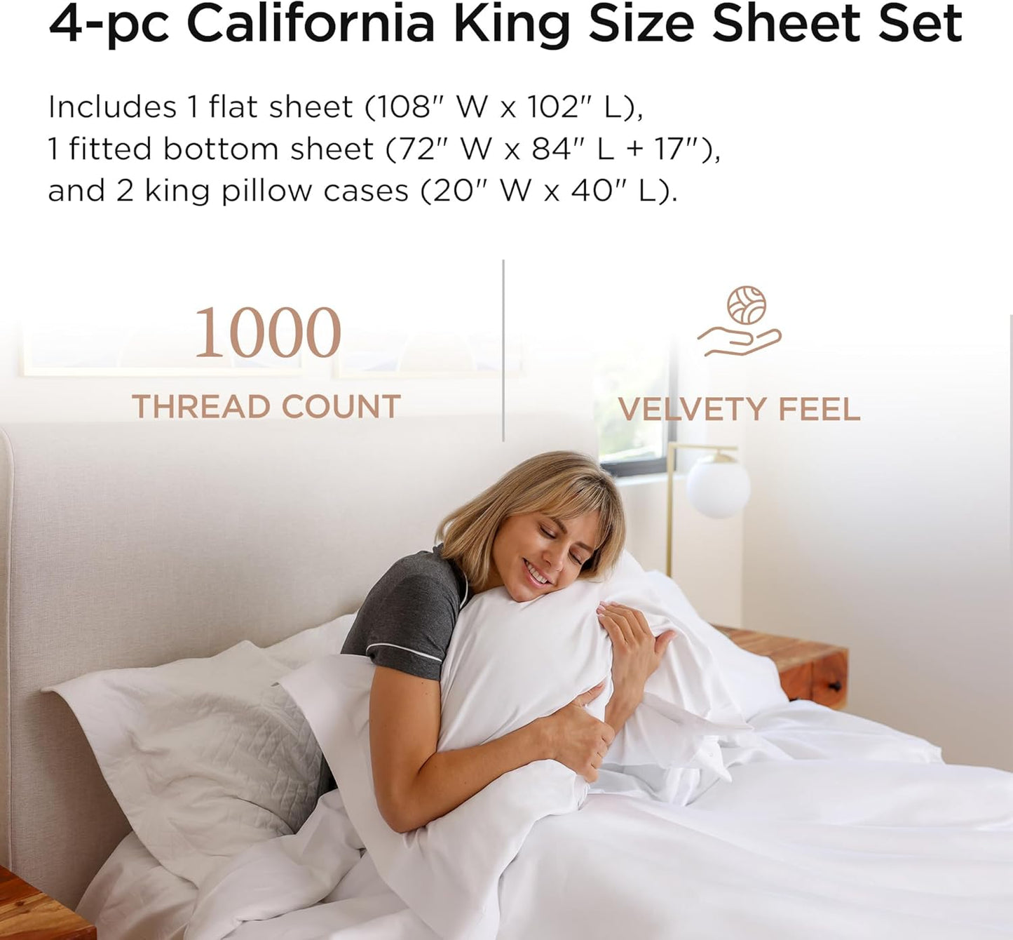 Threadmill Certified 100% American Supima Luxury Cotton Sheets California-King Sheets,1000 Thread Count Sateen Weave, 4 Pc Luxury Bed Sheets Set, Hotel White Sheet with Elasticized Deep Pocket