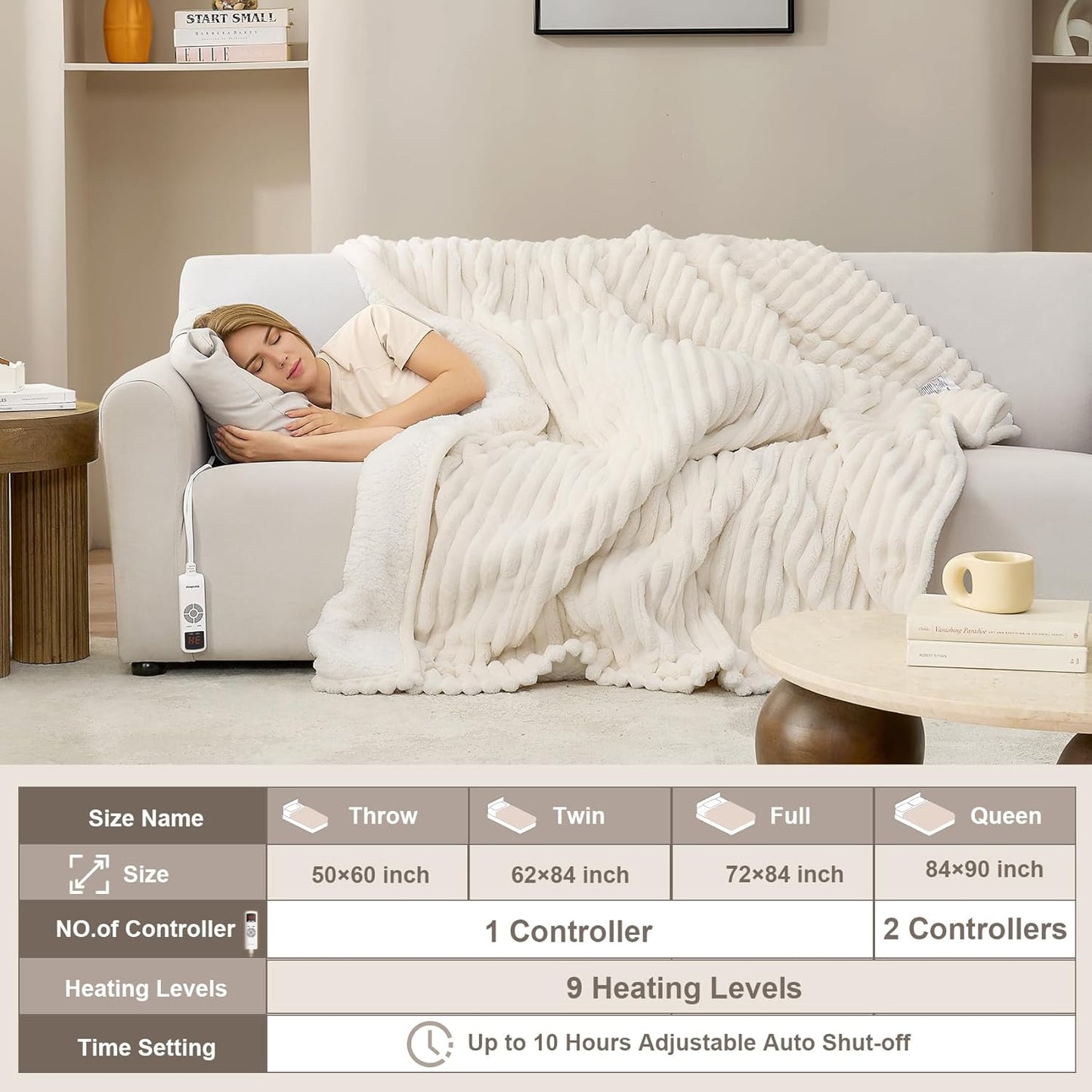 Hansleep Heated Blanket Electric Blanket Full Size, Heating Blanket with 9 Heating Levels and 10-Hour Timer Auto Shut Off, Washable Soft Warm Winter Blanket, 72 x 84 Inches, Beige