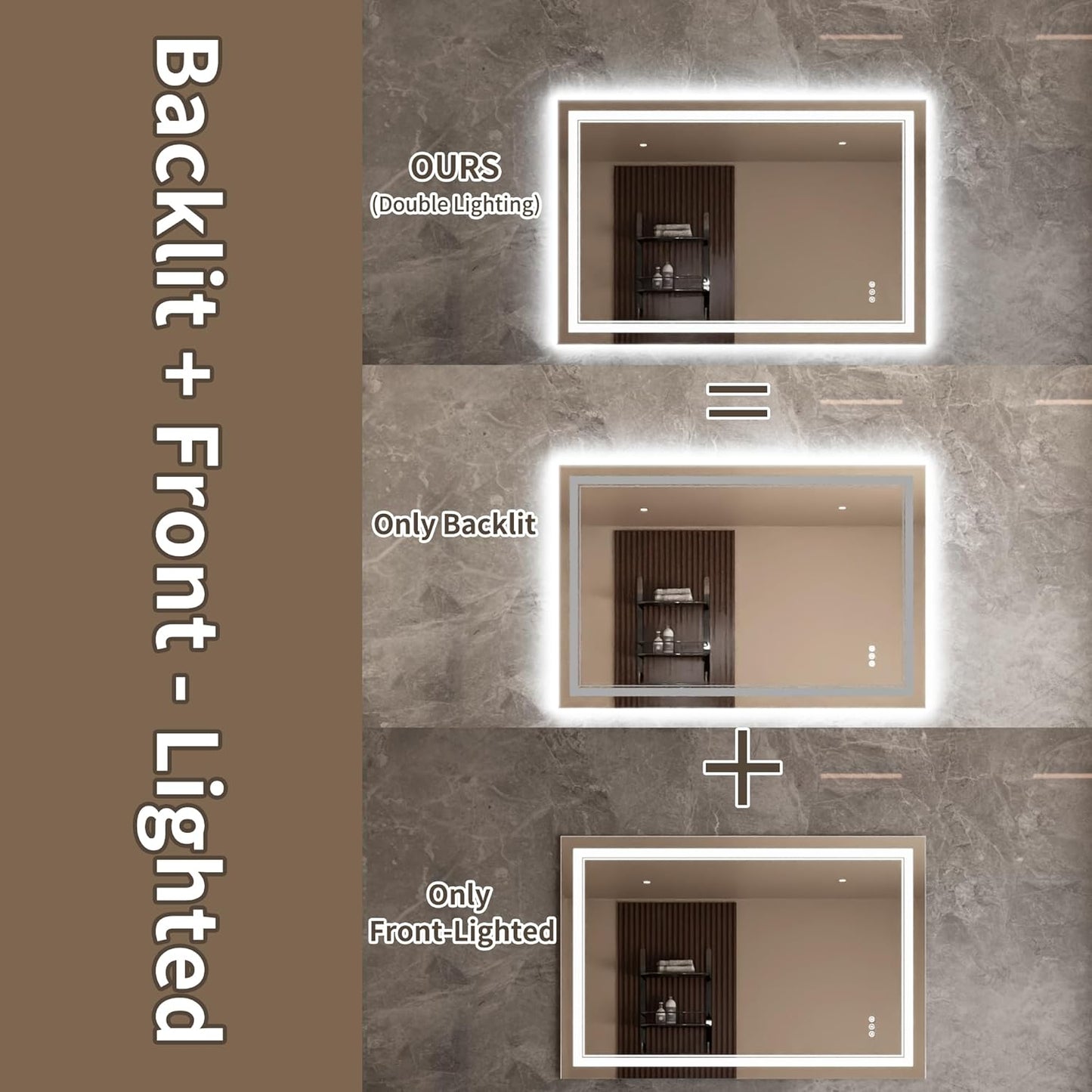 Bathroom Mirror with Lights 24"X40" with Front Light and Backlit, Tempered Glass, Wall Mount Horizontal/Vertical, Stepless Dimmable, 3 Colors, Anti Fog, Bathroom Memory LED Mirror