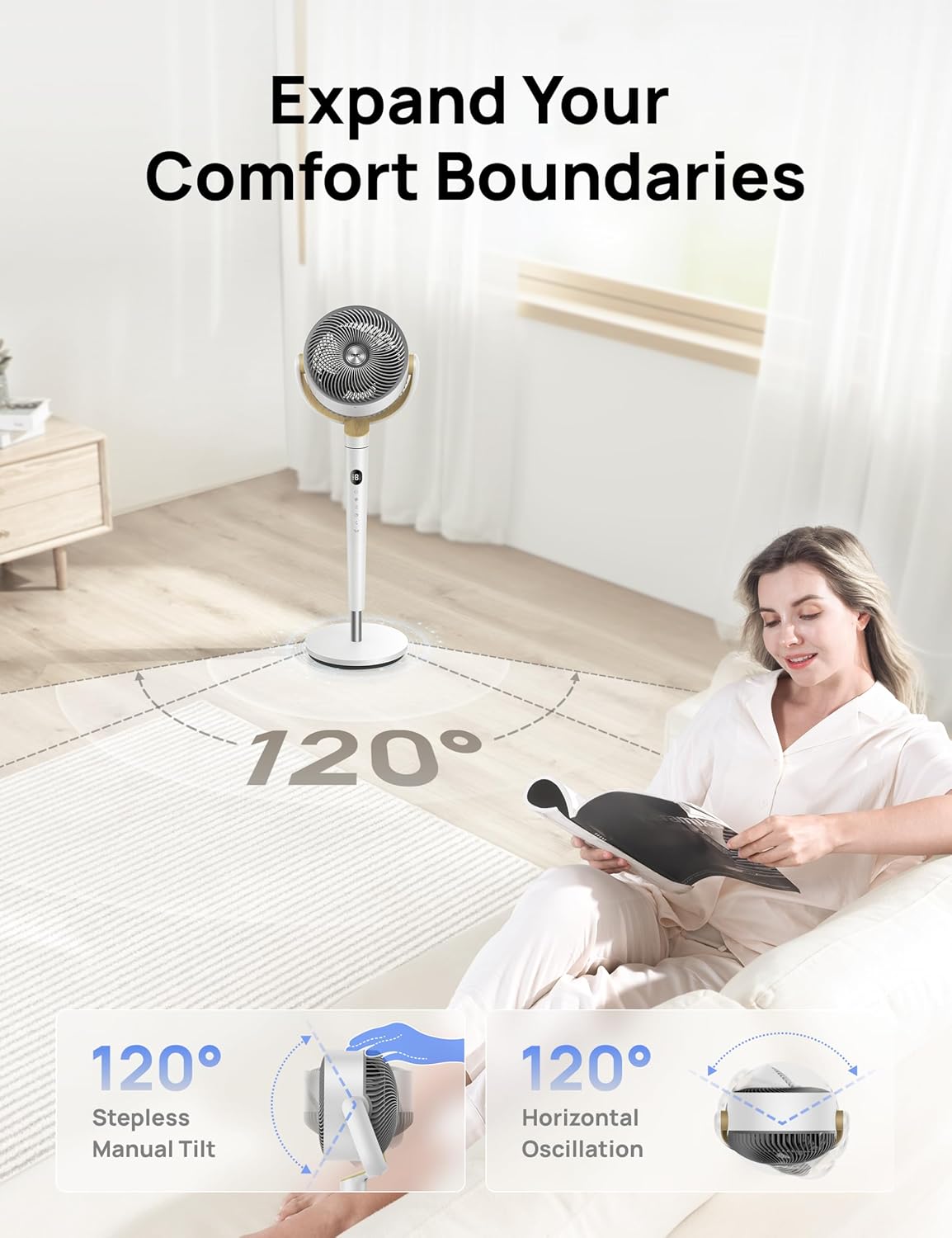Dreo Fan for Bedroom, 120° Oscillating Standing Fan, Quiet Pedestal Fan with DC Motor, 9 Speeds, 4 modes, 20dB, 120° Manual Vertical, 37-42" Adjustable Height, 9H Timer, White