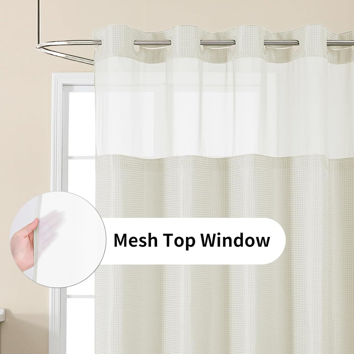 Colorful Star No Hook Shower Curtain with Snap in Fabric Liner, Waffle Weave Heavy Duty Thick Shower Curtains with Mesh Top Window, Hotel Style Waterproof Bathroom Curtain Set, 72 x 75 Inch, Ivory
