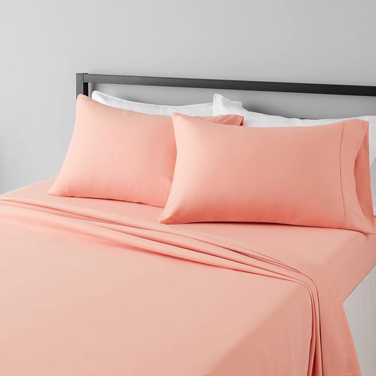 Amazon Basics Lightweight Super Soft Easy Care Microfiber 4-Piece Bed Sheet Set with 14-Inch Deep Pockets, Includes Comfortable Pillowcases, Queen, Peachy Coral, Solid