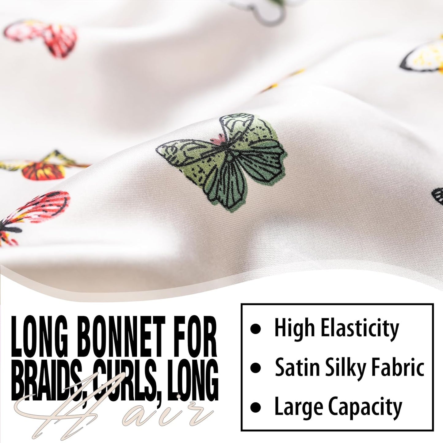 2Pcs Bonnets for Black Women Braid Bonnet, Large Long Satin Bonnet for Braids, Silk Bonnet with Stretchy Tie Band Sleep Cap Hair (2Pcs-Black-Silver Pattern)