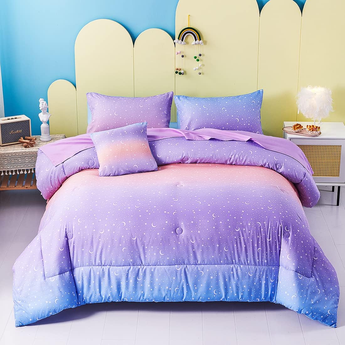 URBONUR Twin Comforter Set for Girls 6Pcs Bed in a Bag Gradient Purple Orange Blue Moon Stars Comforters Soft Lightweight Kids Bedding Set for All Season (Star, Twin Size)