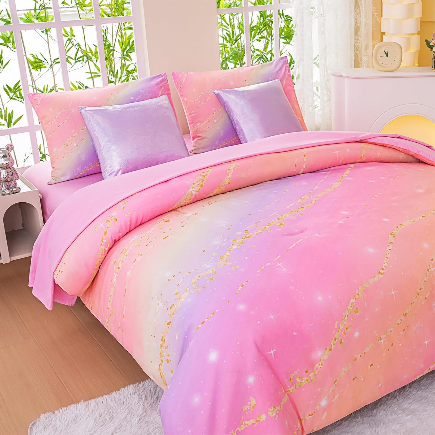 Rainbow Bedding Set Queen Size – 6-Piece Reversible Girls Comforter with Deep-Pocket Sheet, Gradient Galaxy Design, Whole-Piece Filling, Machine Washable Bed-in-a-Bag for Kids Room Makeover & Gifts