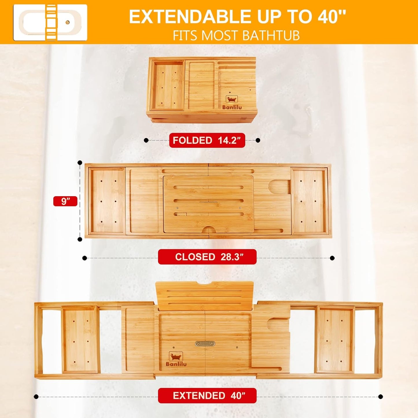 Premium Expandable Bamboo Bathtub Tray Caddy - Fits Most Bath Tubs