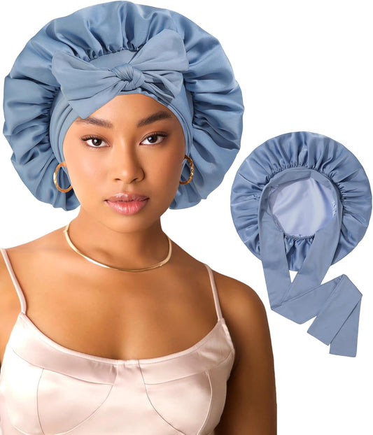 AWAYTR Women Satin Bonnet for Sleeping - Double Layer Silk Hair Bonnet with Elastic Tie Band for Braids Curly Hair