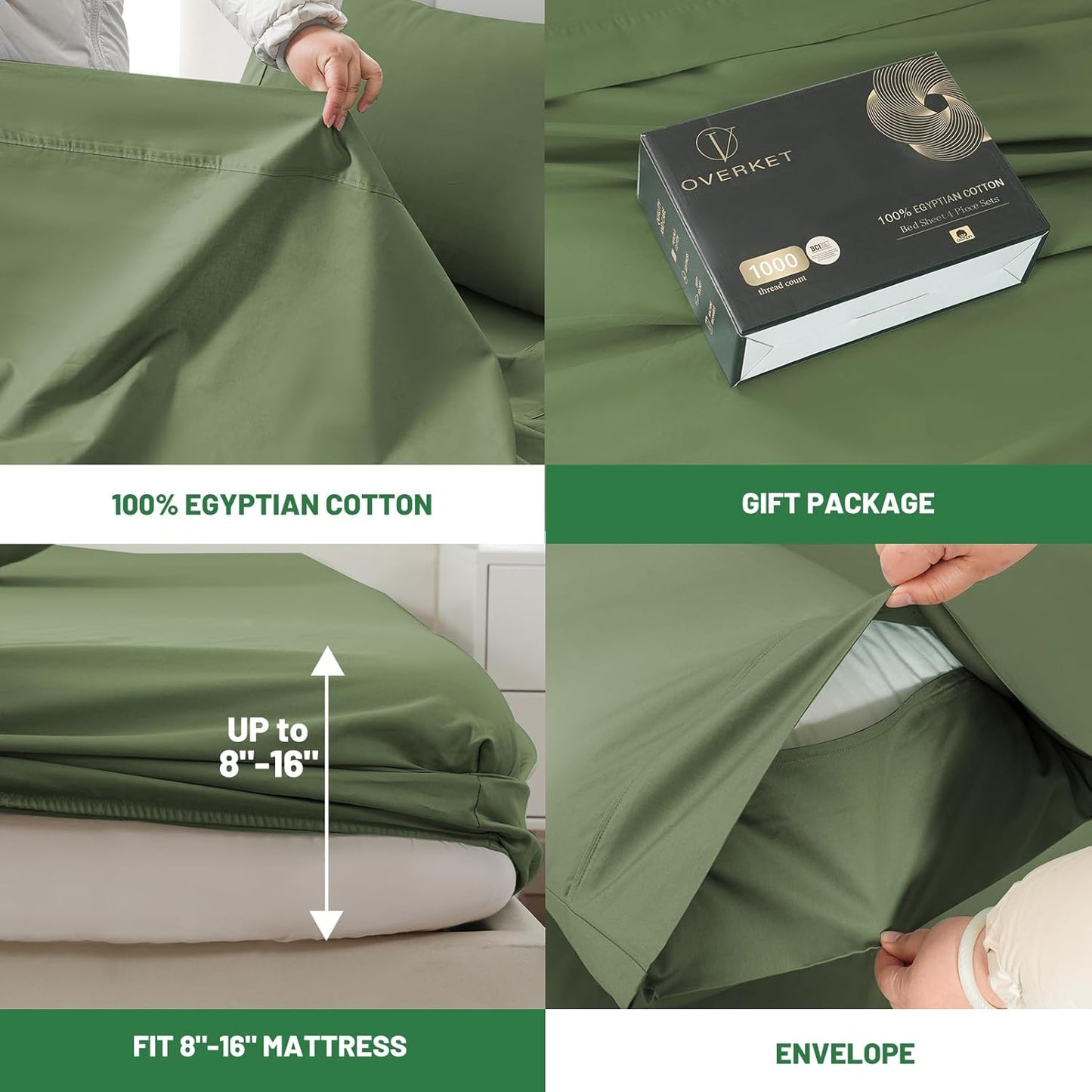 100% Egyptian Cotton Sheets King Size 1000 Thread Count Sateen Weave Soft Breathable 16-Inch Deep Pocket 4PCS（King,Olive Green）