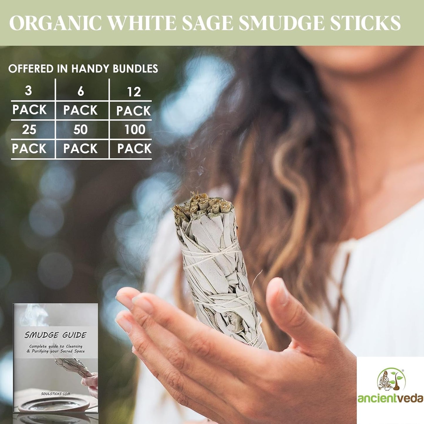 Ancient VEDA 4 Inch White Sage Smudge Sticks Bulk with Starter Guide (6 Pack) Smudge Sticks Sage for Cleansing House | White Sage for Smudging and Negative Energy Yoga | California Sage Bundles