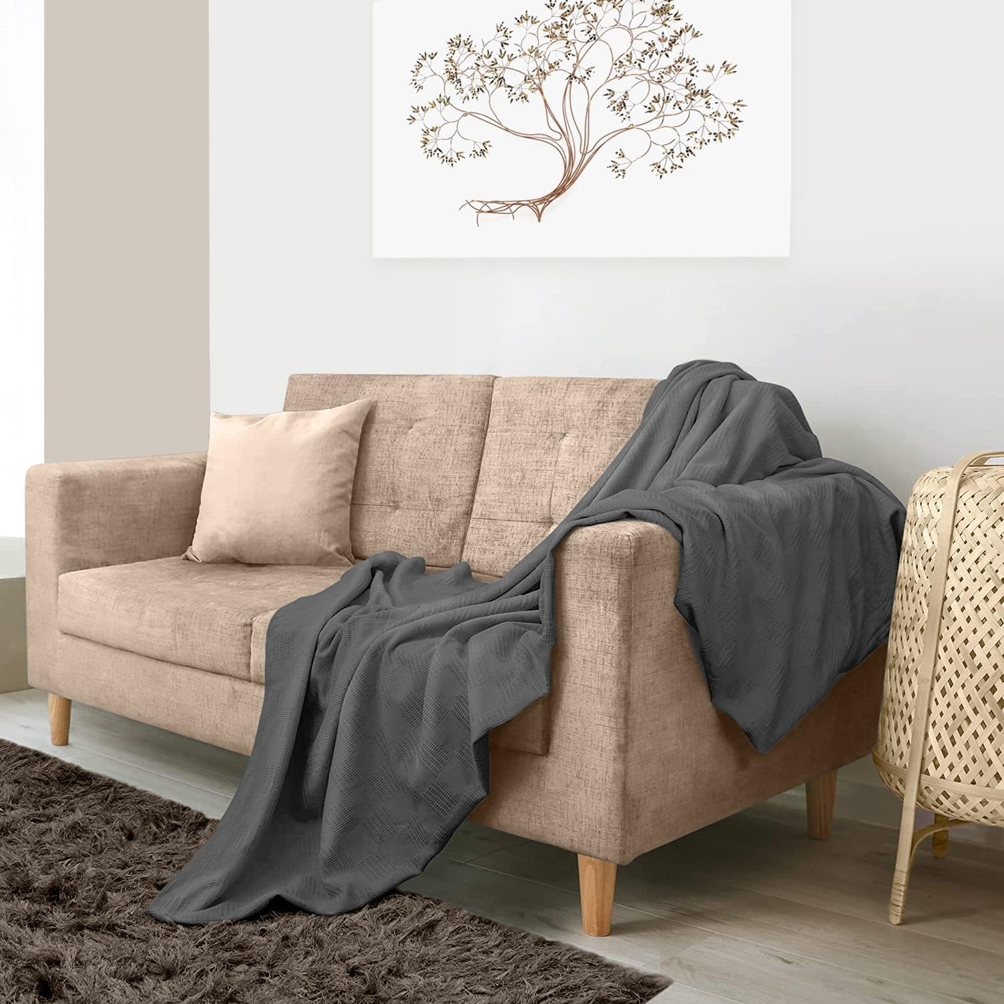 Avalon Bedding 100% Cotton Blanket Twin Size Thermal Blanket (72"x90") - Perfect Cotton Blankets Twin Size for Layering Bed in Any Season - Cotton Blankets for Bed (Grey)