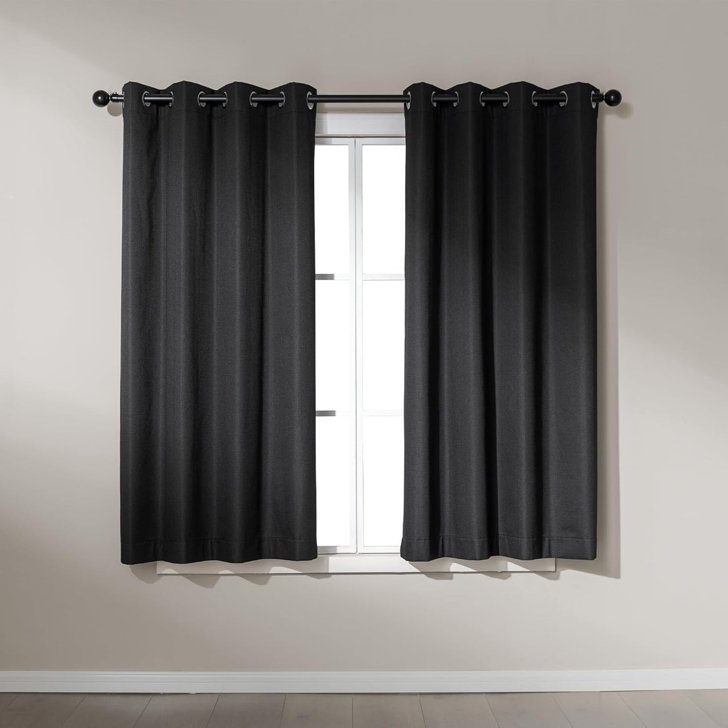 Amazon Basics Faux Linen Blackout Curtains for Bedroom and Living Room, 2-Piece Set with Grommets, 42" W x 63" L, Black