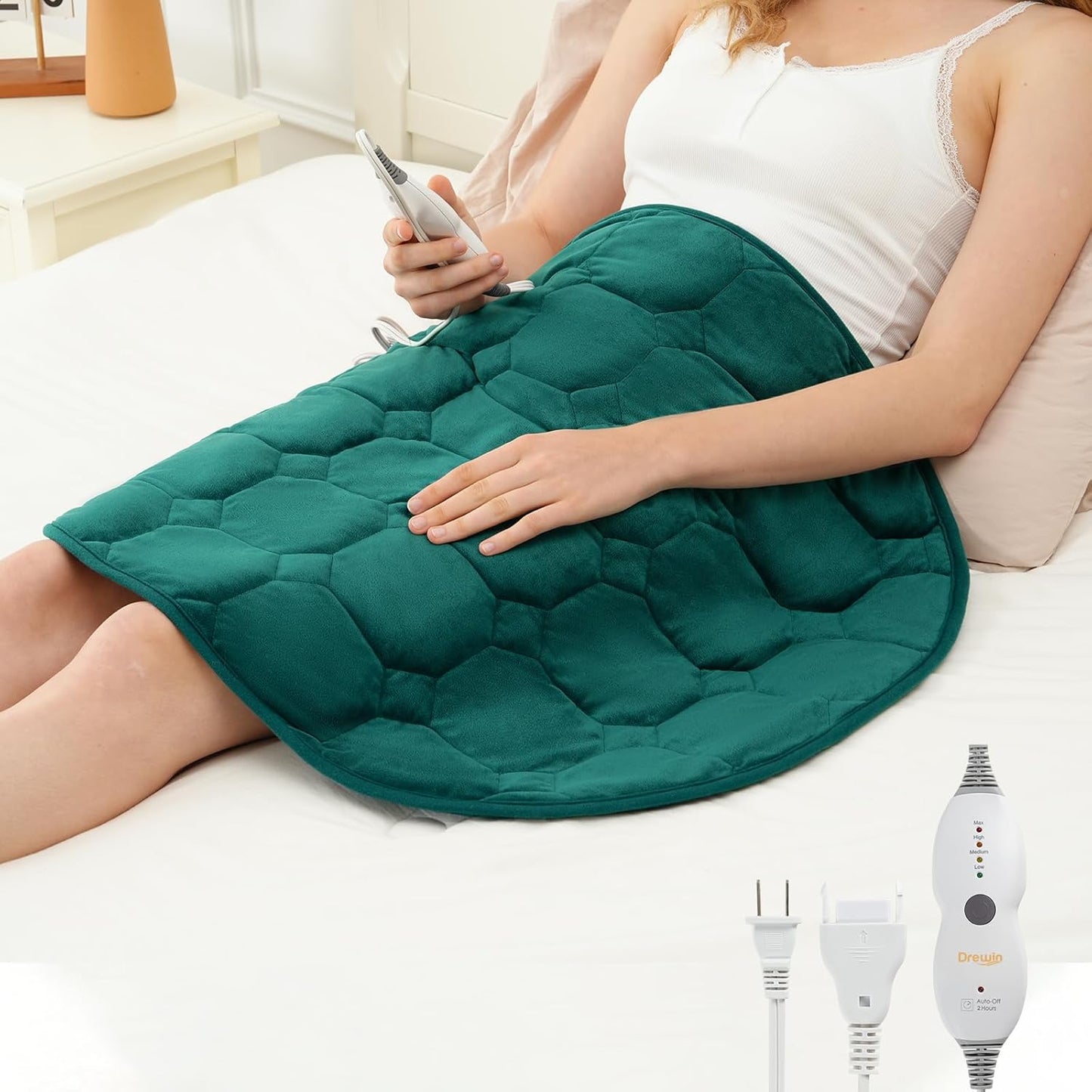 Drewin Weighted Heating Pad 5 lbs for Pain Relief, 24" x 29" Velvet-Soft Warm Heated Pads for Knee Shoulders Versatile Use with Auto Shut Off, Machine Washable Weighted Lap Blanket, Dark Green