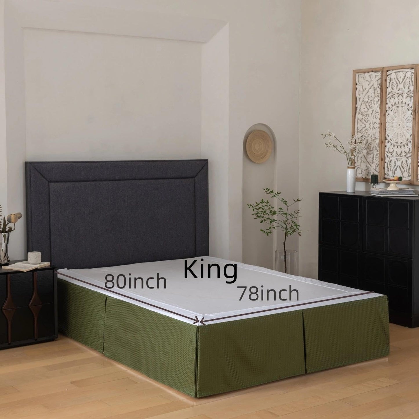 King Bed Skirt, Wrap Around Bed Skirt with Pleated Corner, 14 Inch Drop Pleated Waffle Weave Bedskirts, Anti-Slip, Microfiber, Green, 14'' King