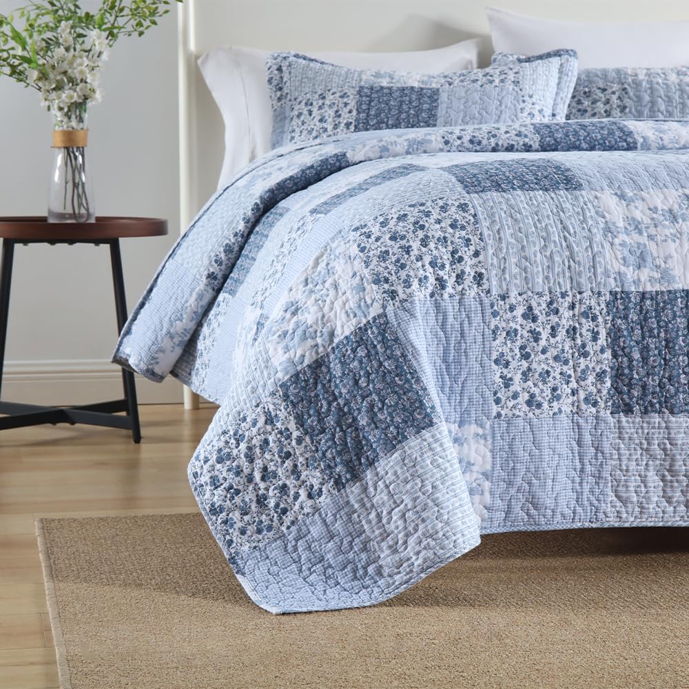 ENASAL Cotton Bedspread Quilt Bedding Sets Reversible Coverlet Sets Comforters Rustic Floral White Blue Patchwork Pattern Bedspread for All Season, Queen Size