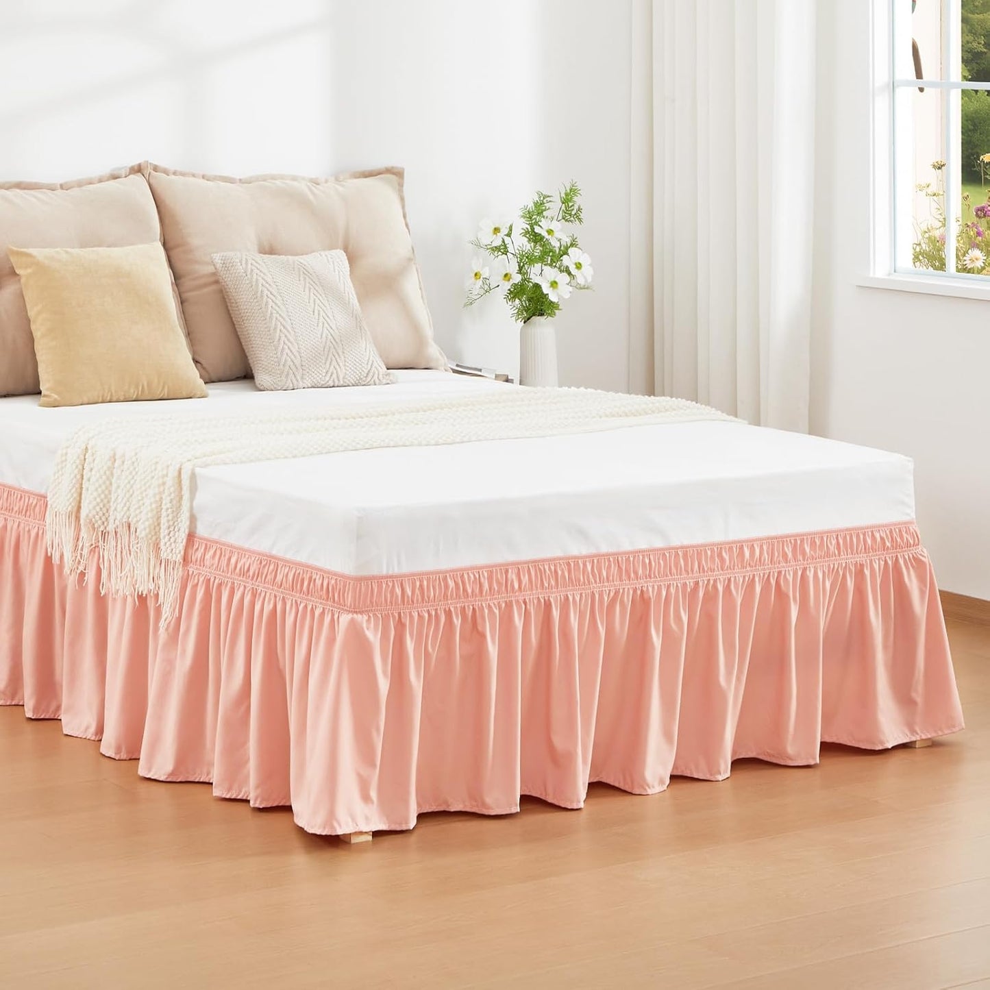 RIMELA Peachy Coral Bed Skirt Queen Size 15 Inch Drop, Wrap Around Elastic Bedskirt, Dust Ruffle for Adjustable Bed Base Machine Washable Easy to Install Bed Skirts