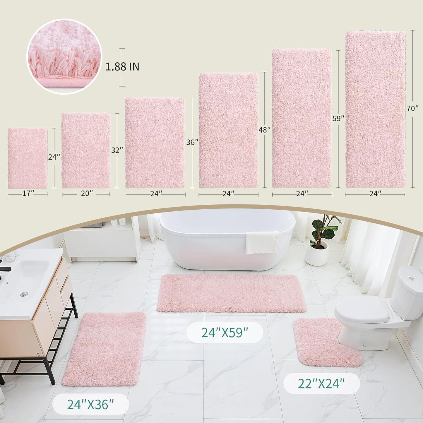 Bathroom Runner Rug 24x59 Pink Non Slip Fluffy Long Bath Mat for Bathroom Floor Washable Plush Luxury Bath Rug for Tub Absorbent Shower Sink Mat Bedside Rug