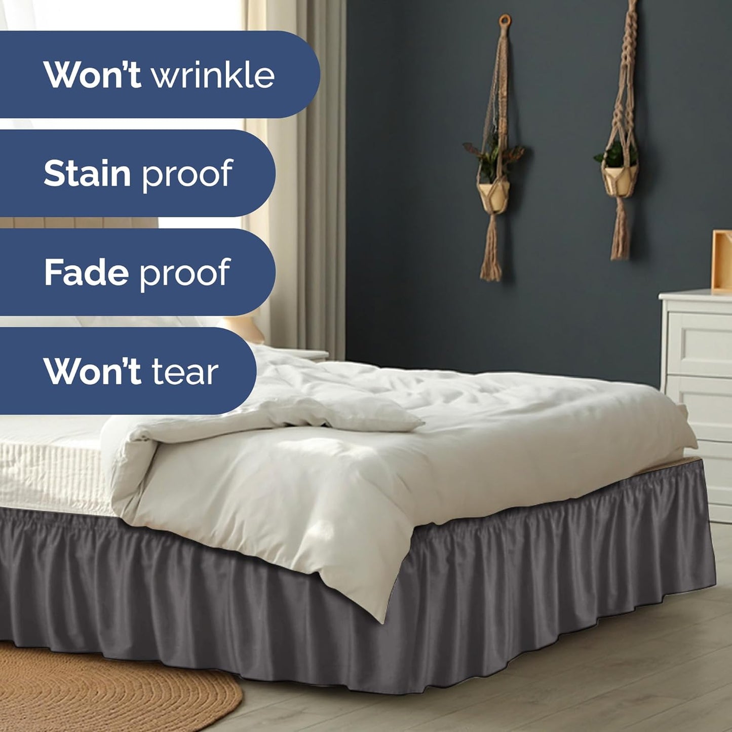 Wrap Around Dust Ruffle Bed Skirt - Dark Grey - Twin/Twin XL Size Beds with 21 Inch Drop - Elastic Strap - Adjustable Pleated Bedskirt with Brushed Fabric and Wrinkle Free - Women, Men, Kids & Teens