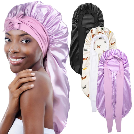 3Pcs Bonnets for Black Women Braid Bonnet, Large Long Satin Bonnet for Braids, Black Women Satin Silk Bonnet with Stretchy Tie Band Sleep Bonnet Cap for Long Curly Hair (Black&Silver Pattern&Purple)