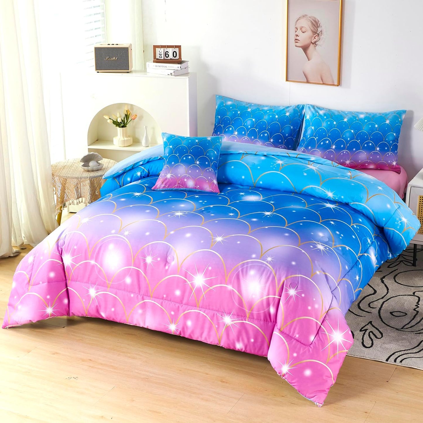 URBONUR Mermaid Comforter Set Full Size 6 Pieces Bed in a Bag Pink Blue Girls Bedding Colorful Bedroom Decor Soft All Season Kids Bed Sets