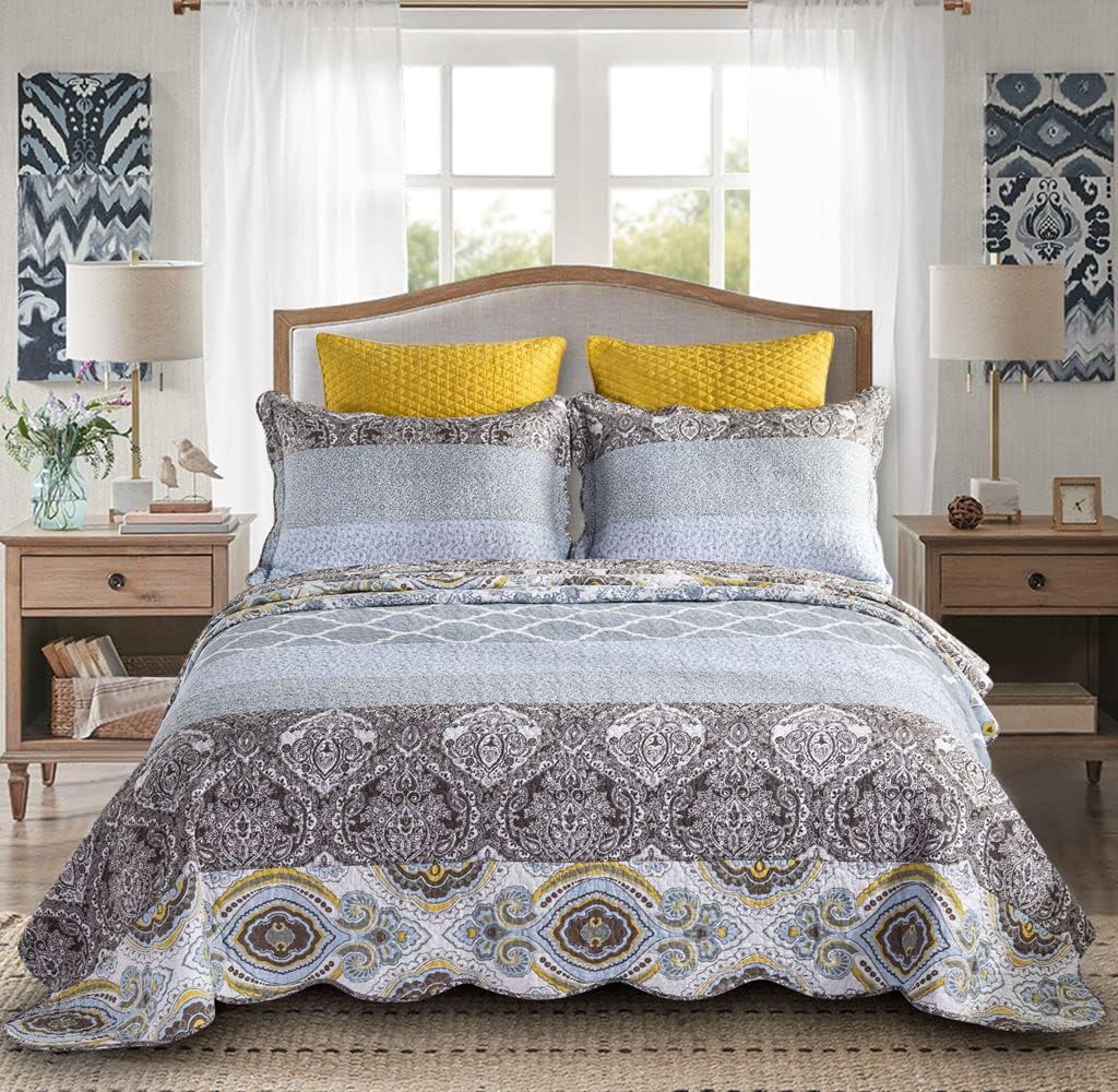 YAYIDAY Oversized Queen Quilt Set Patchwork Bedspread (110x118 Inch) - 100% Cotton Reversible Breathable Grey Quilted Coverlet with Pillow Shams Fit All Seasons