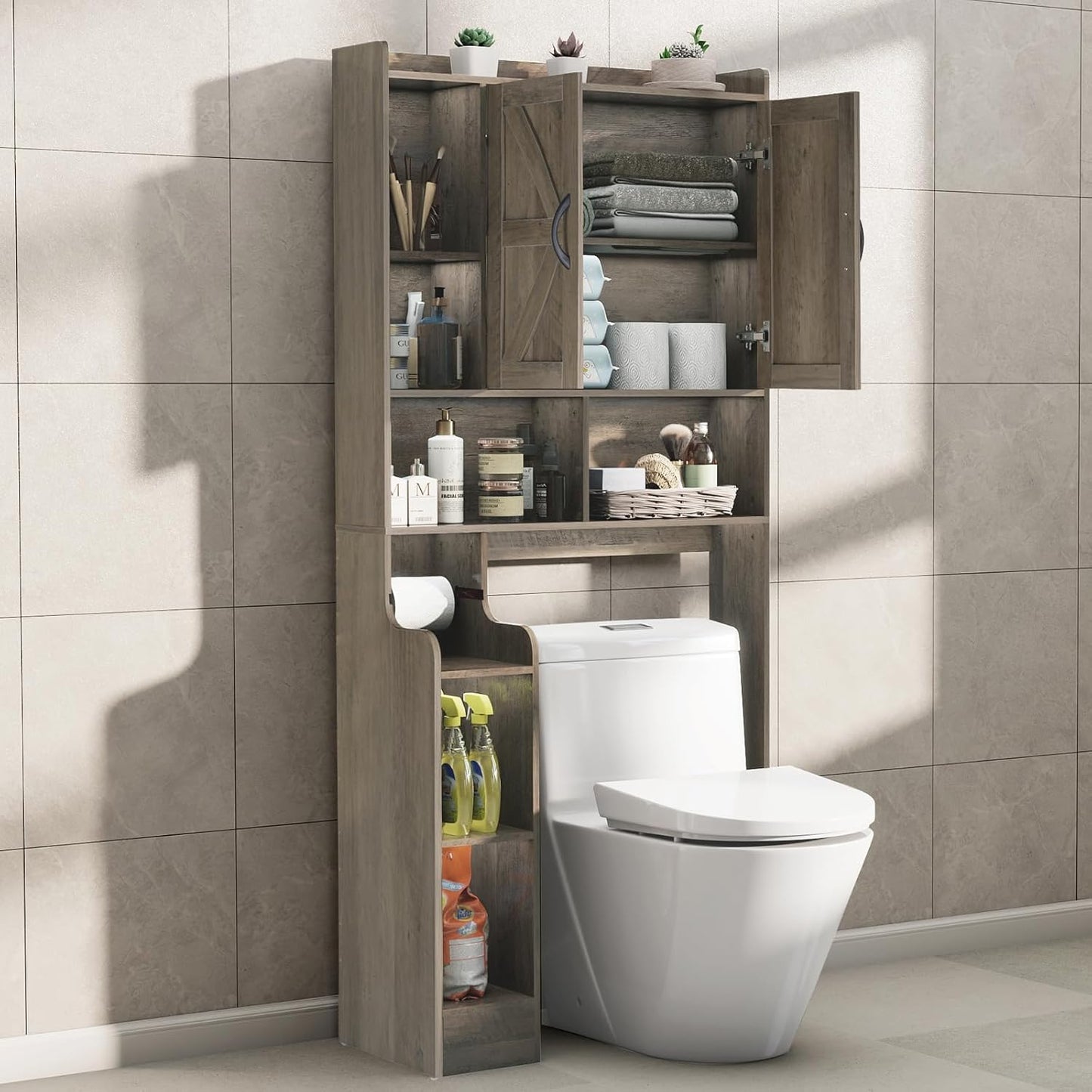 Over The Toilet Storage Cabinet with Barn Doors, Rustic Bathroom Organizer, Space-Saving Shelf for Laundry, Grey