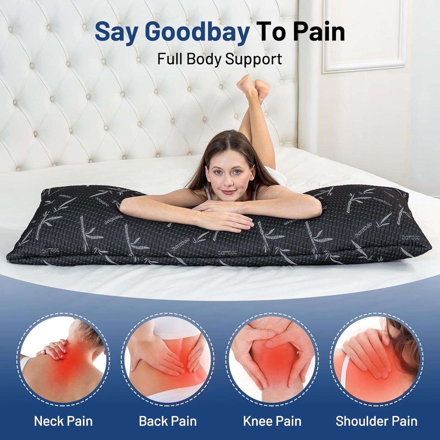 Full Body Pillow with Removable Pillowcase for Adults,（Memory Foam Filling）（Long Pillow for Side Sleepers） （Fluffy and Firm）（Adjustable Filling）（20×54 Inch，Black）