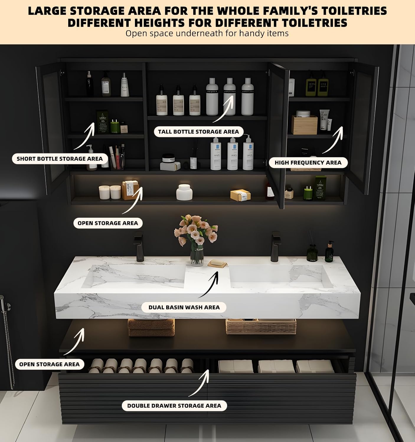 Double Sink Bathroom Vanity, Floating Bathroom Vanity with LED Smart Defogging Mirror and One-Piece Sink, Modern Bathroom Vanities with Open Floating Shelf, Rock Countertop & Faucet (Grey,88")
