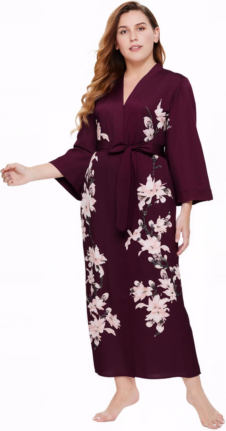 BABEYOND Kimono Robe Cover up with Box Long Floral Satin Sleepwear Silky Bathrobe Bachelorette Robe