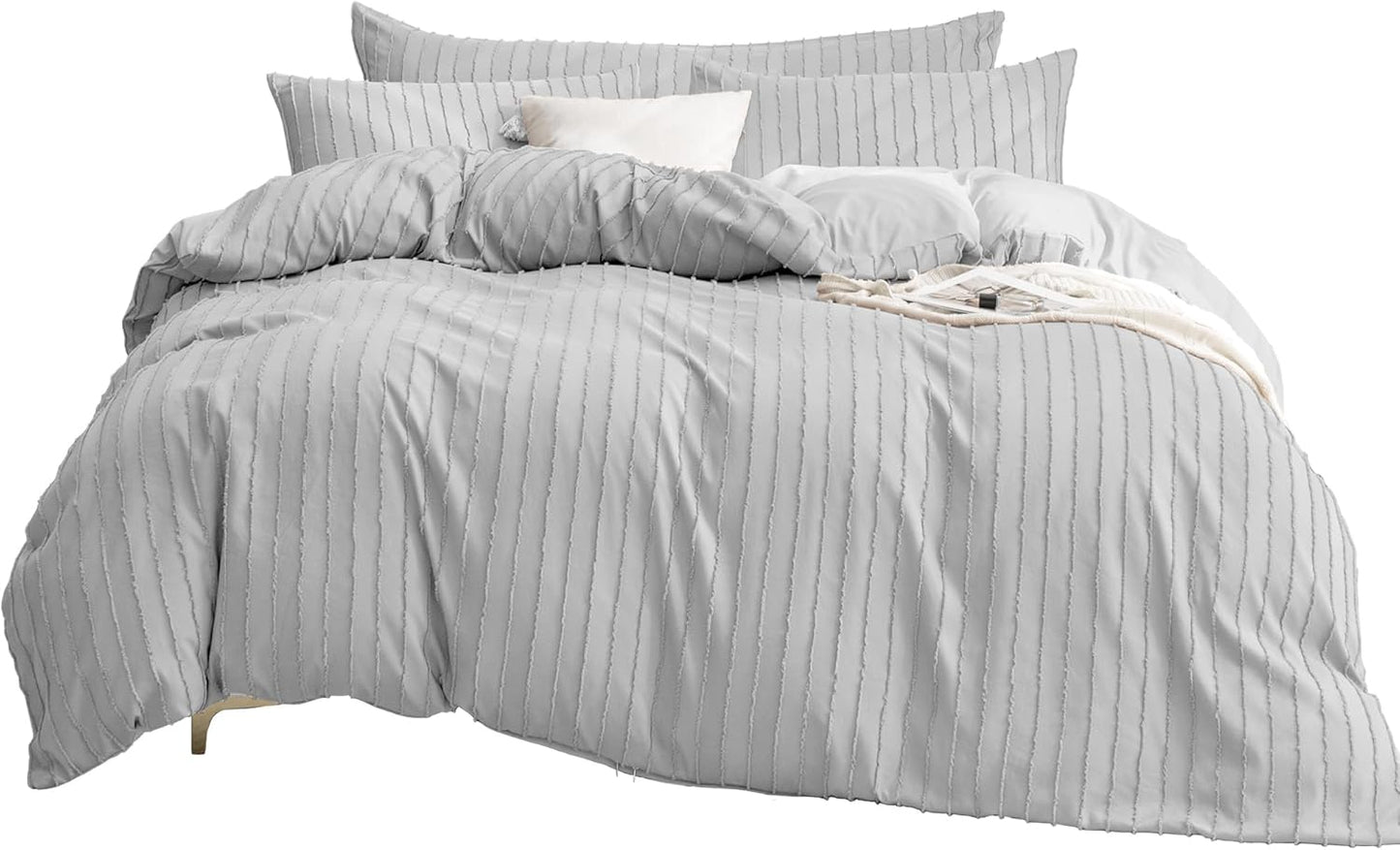 JELLYMONI Duvet Cover Queen Size Light Grey - 3PCS Boho Striped Duvet Cover Set Polyester Tufted Bohemian Textured Comforter Cover 90×90in with Corner Ties & Zipper and 2 Pillowcases