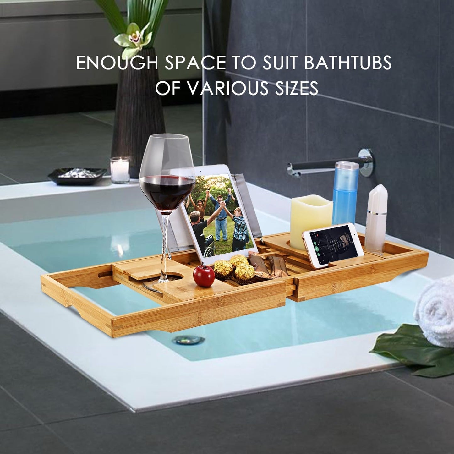 Premium Bamboo Bathtub Tray Caddy, Bath Tub Trays Table for Bathtub, Expandable Bath Caddy Tray, Bathtub & Bathroom Accessories for New Home, Anniversary and Wedding Gifts for Couple
