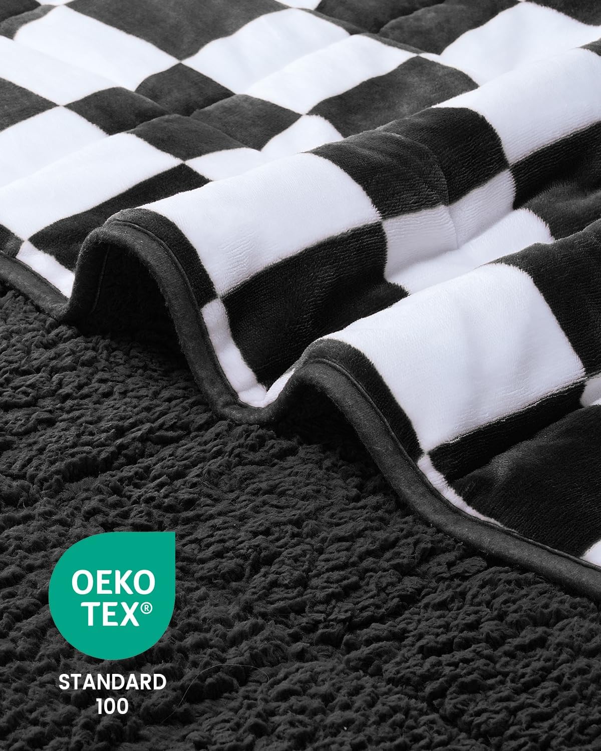 Weighted Blanket for Adults, 10lbs Sherpa Flannel Weighted Blanket Full Size, Soft Fluffy Fleece Checkerboard Weighted Blankets for Calming and Relax, Plaid Black, 48" x 72"