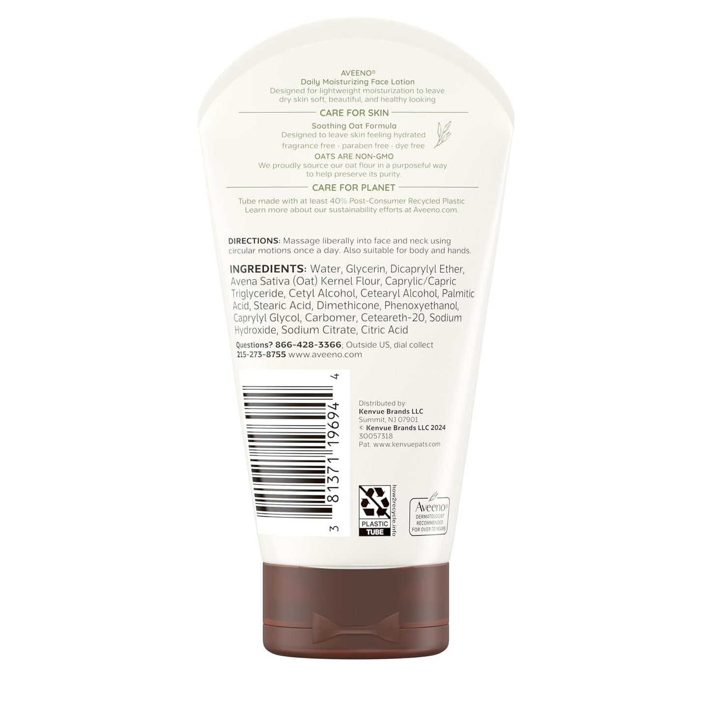Aveeno Daily Moisturizing Face Lotion with Soothing Prebiotic Oat, Lightweight Non-Greasy Facial Moisturizer for Normal to Dry, Sensitive Skin, 24-Hour Moisture, Fragrance-Free, 5 oz