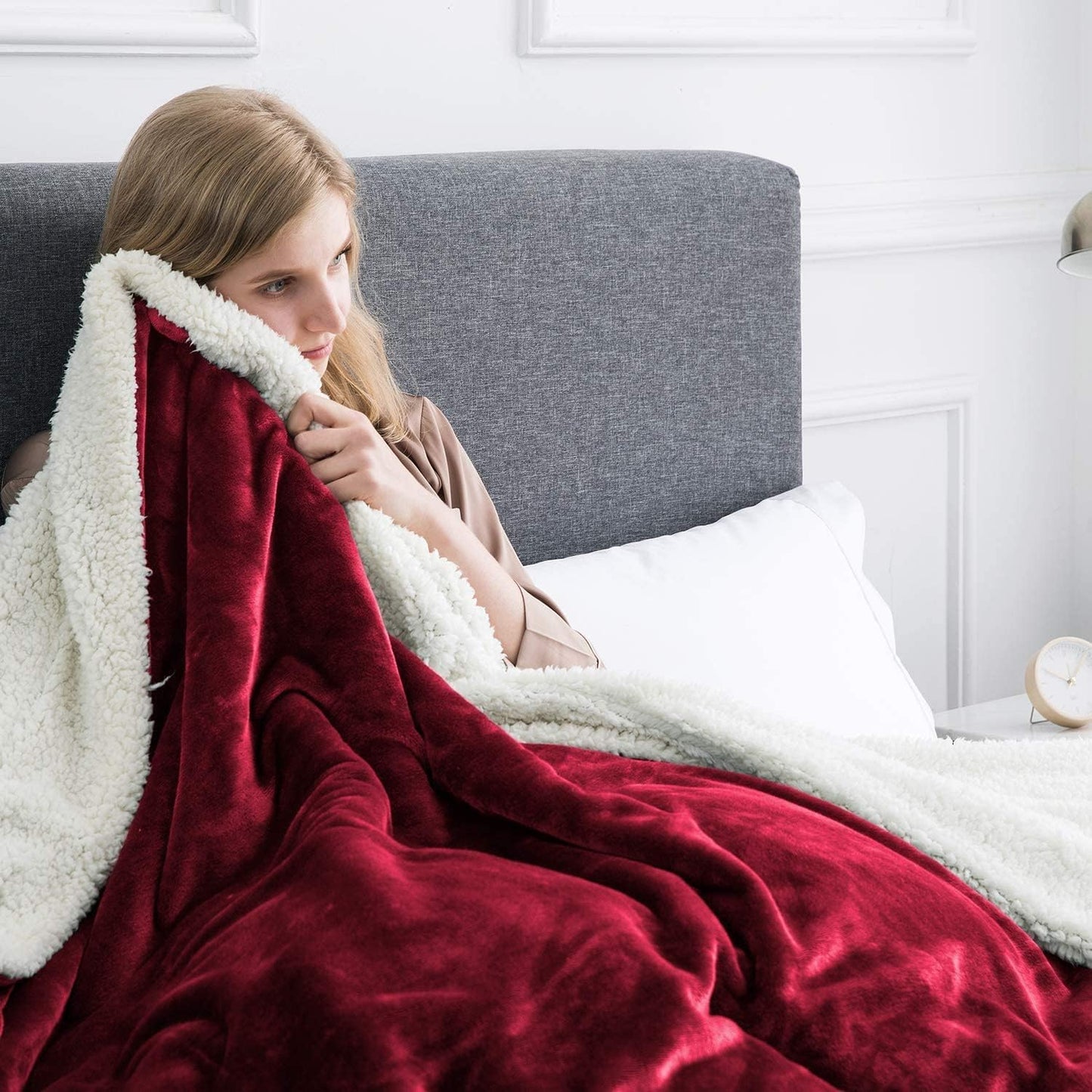 IR Imperial Rooms Sherpa Fleece Throw Blanket Twin Size for Couch - Thick and Warm Fluffy Blankets for Winter, Soft and Fuzzy Twin Blanket for Bed, Burgundy, 60x80 Inches