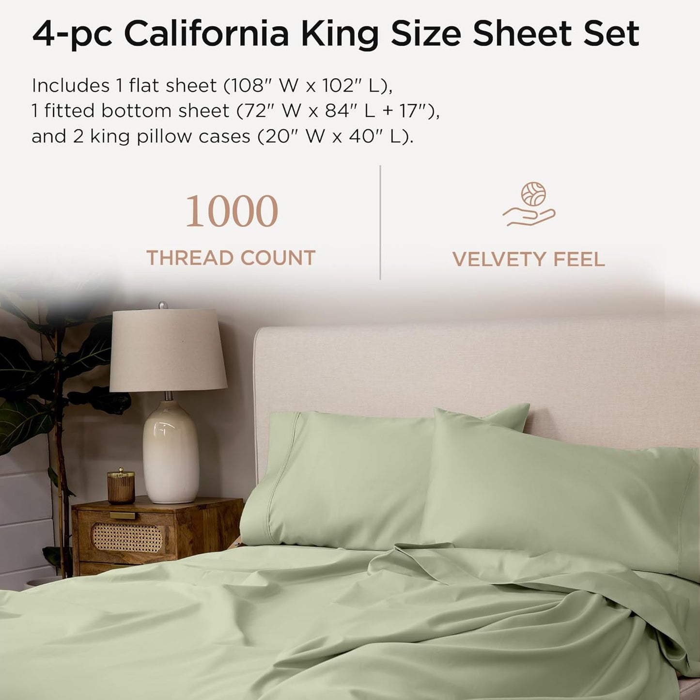 Threadmill Supima Cotton Sheets, 1000 Thread Count Cotton Sheets for Cal King Size Bed, 4 Pc Sage Green Cal King Bed Sheet Set, 5-Star Hotel Quality, Elasticized Deep Pocket Cal King Sheet