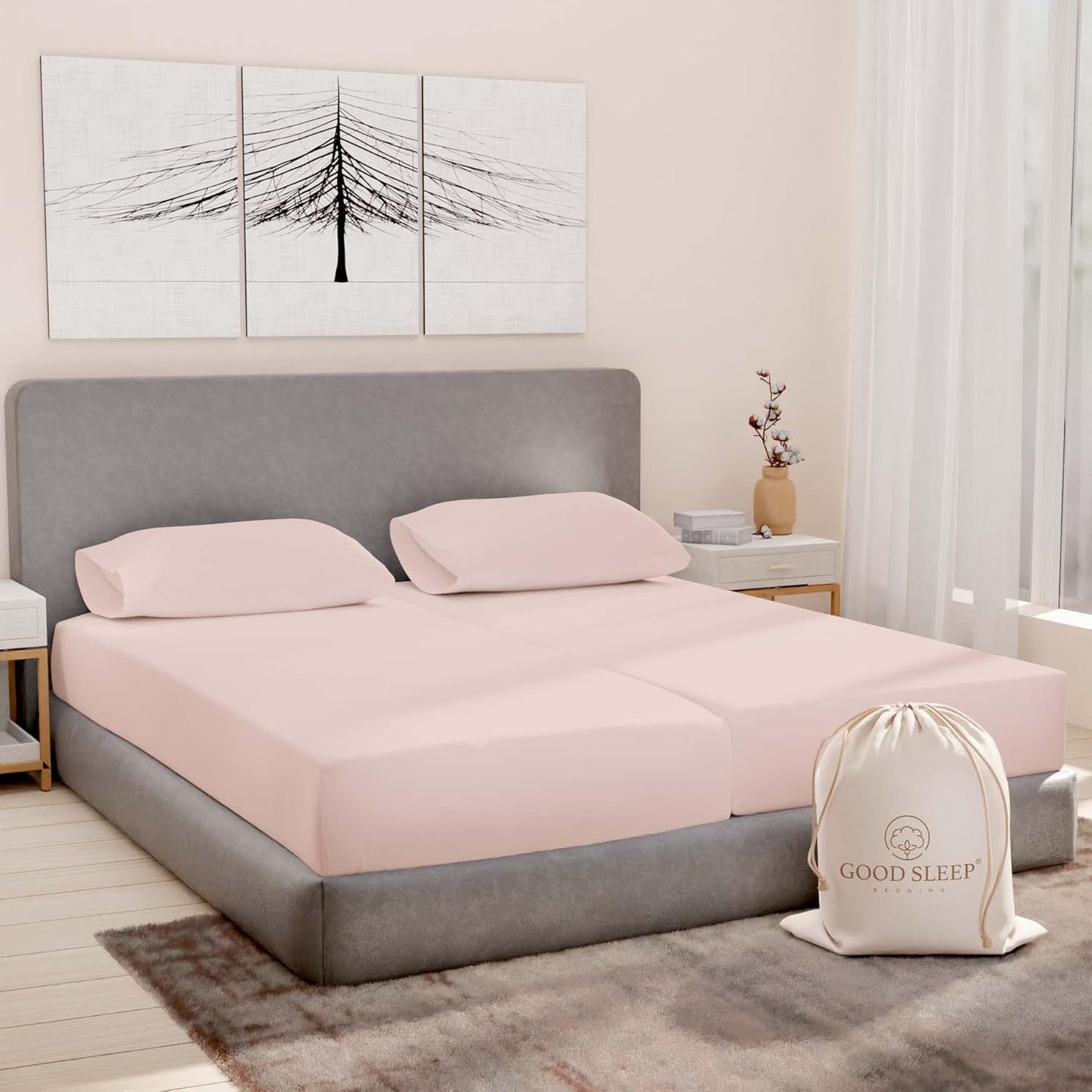 Good Sleep Bedding Split King Sheets Sets for Adjustable Bed Cotton, Luxury Sheets, Egyptian Cotton Sheets, 5 Piece 100% Cotton Split King Sheet Set, Sateen Sheetss, 2 Fitted - 16" Deep Pocket, Blush