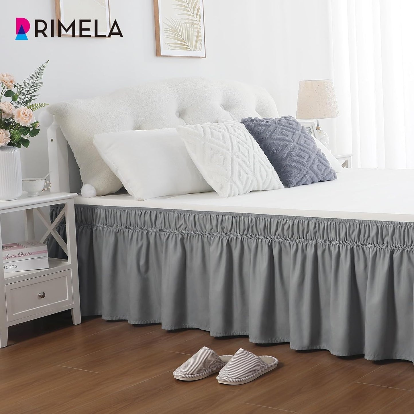 RIMELA Light Grey Bed Skirt King Size 12 Inch Drop, Elastic Bed Skirting for Bed Base and Frame, Bedding Dust Ruffle Easy to Install, Lightweight Wrap Around Adjustable Bedskirt