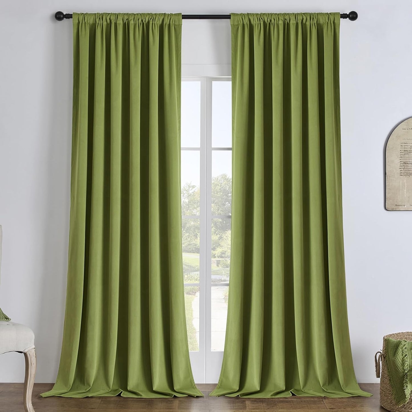 Joydeco Moss Green 100% Blackout Curtains 96 Inch 2 Panels, Luxury Thermal Green Velvet Curtains for Bedroom Living Room, Soundproof Blackout Window Drapes, Rod Pocket & Back Tab (52W x 96L)