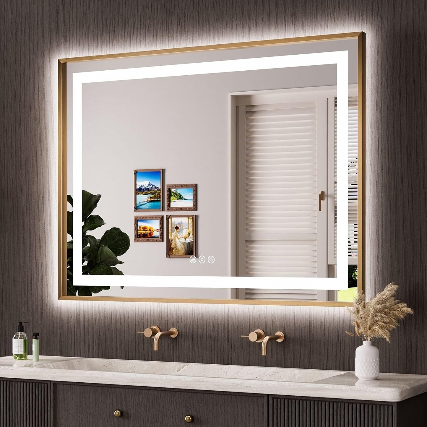 Amorho 48"X36" LED Bathroom Mirror Gold, Metal Framed Mirror with Front Light and Backlit, Stepless Dimmable, Anti-Fog, Shatter-Proof, Memory, 3 Colors