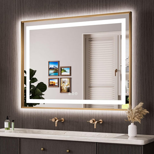 Amorho 48"X36" LED Bathroom Mirror Gold, Metal Framed Mirror with Front Light and Backlit, Stepless Dimmable, Anti-Fog, Shatter-Proof, Memory, 3 Colors