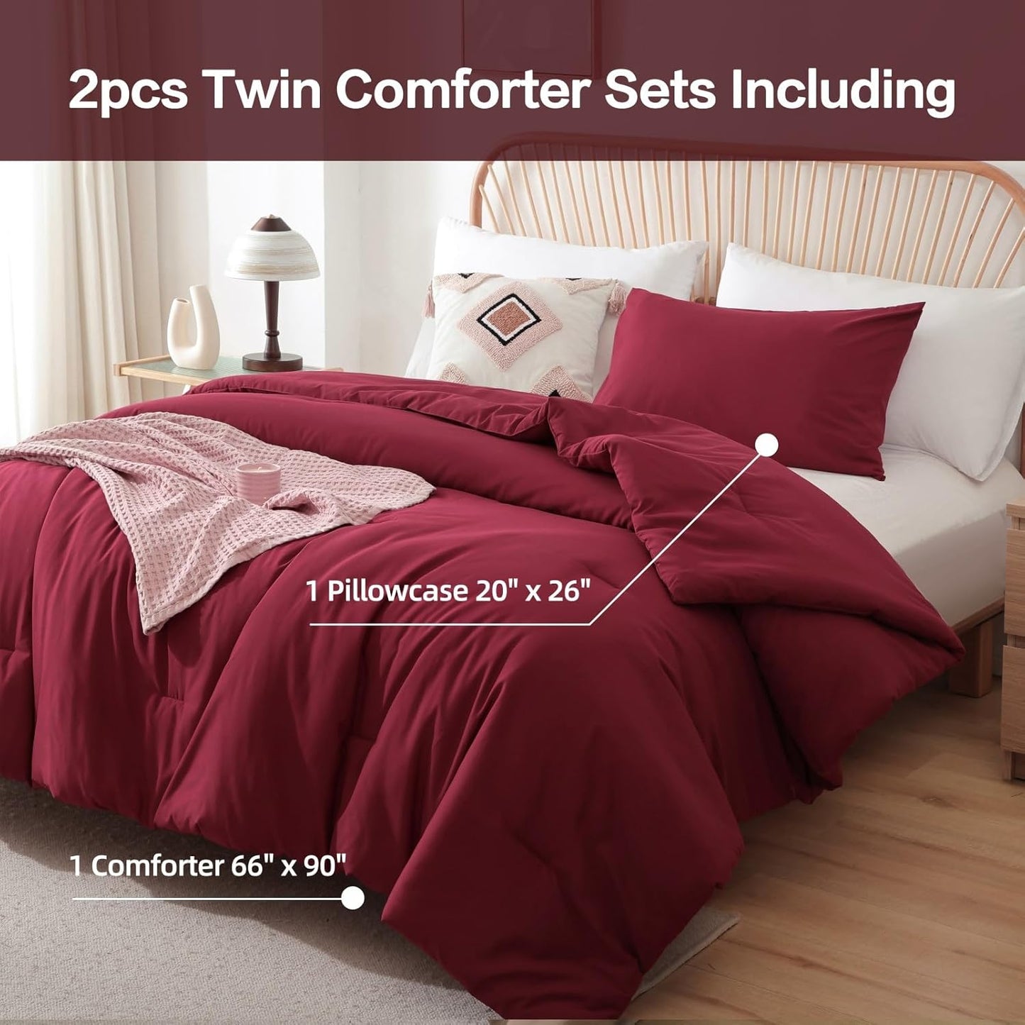 ROSGONIA Twin Comforter & Pillowcase for College Girls & Boys - Dark Red, Lightweight Dorm Bedding