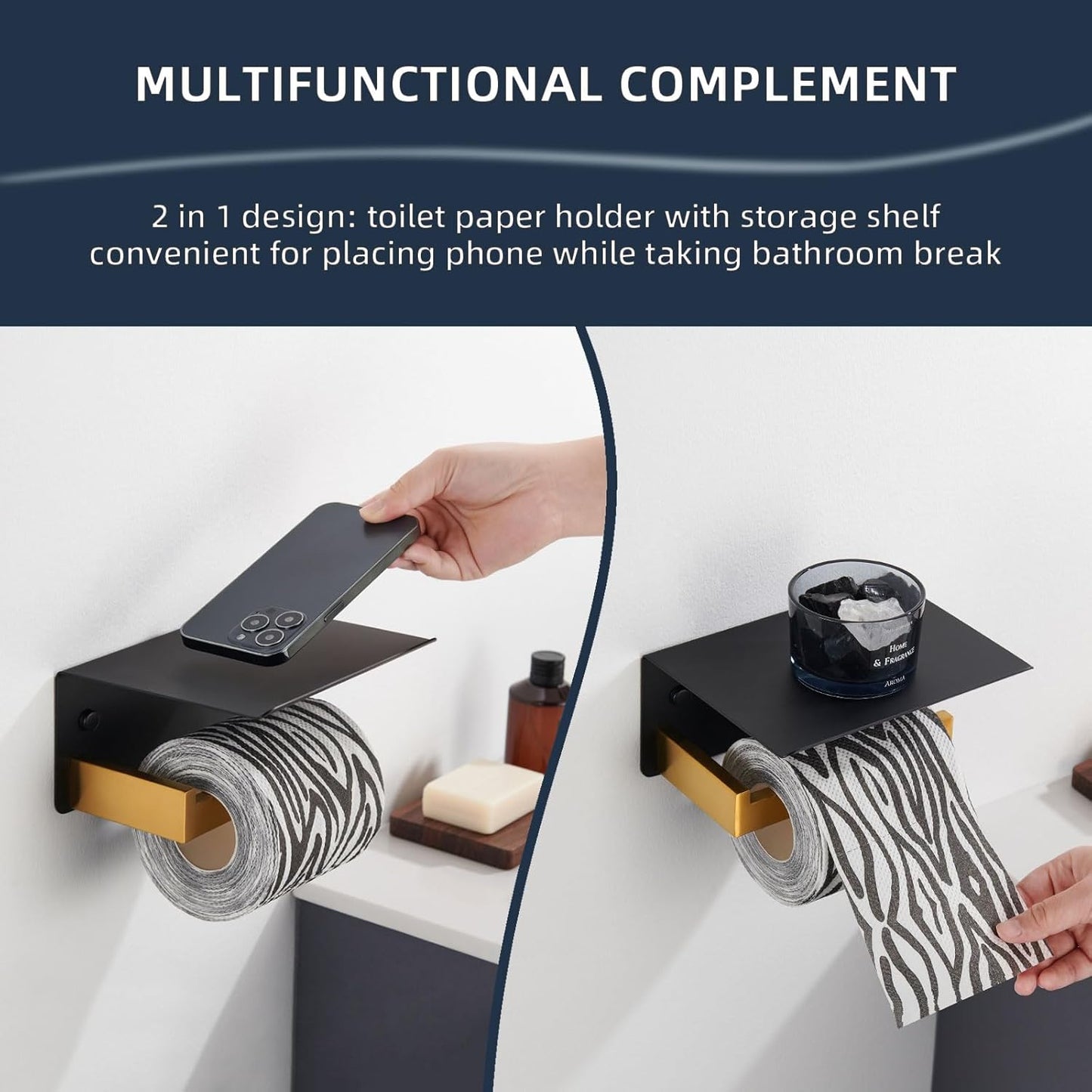 Angle Simple Toilet Paper Holder with Shelf, 304 Stainless Steel Bathroom Tissue Roll Holder for Wall Black and Gold