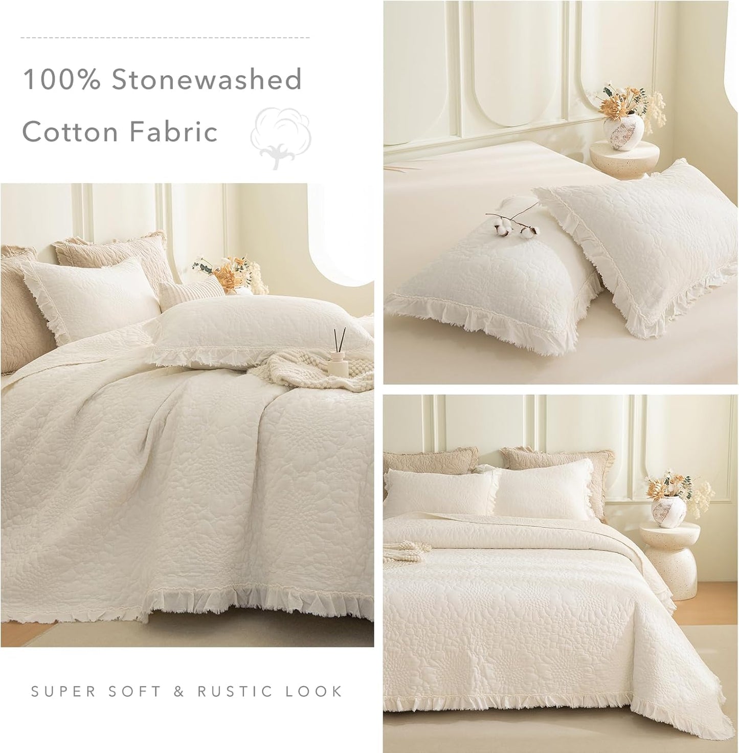 QSH 3PCs Stonewashed Cotton Quilt King (110"x98"),Milk White Ruffled Quilt King Size Bedding Set,Ultra Lightweight Soft Crinkle Bedspread Coverlet King Shabby Farmhouse Chic Bedspreads for All Seasons
