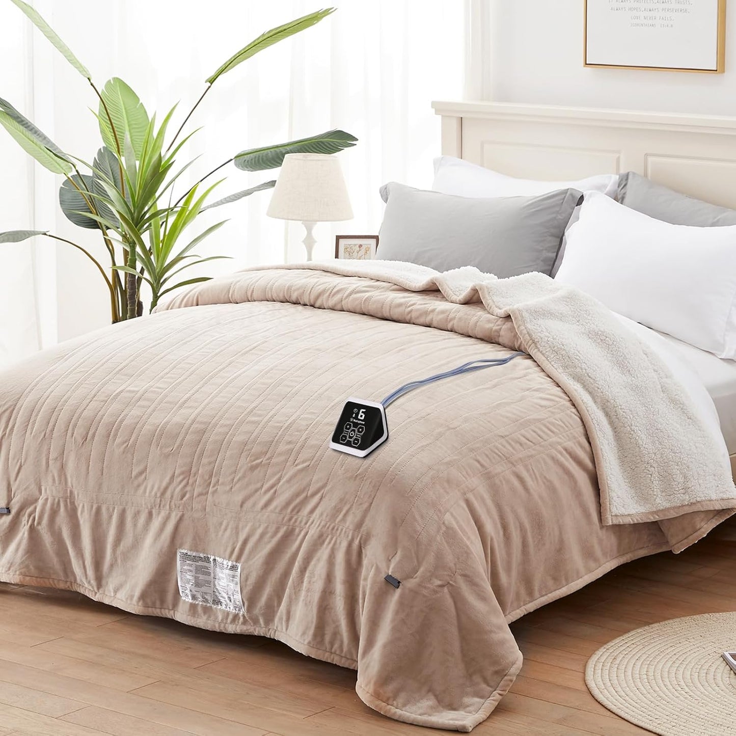 Westinghouse Full Size Heated Blanket, Soft Flannel & Sherpa, 10 Heating Levels, Auto Shut Off, Machine Washable, Beige, 72x84 Inch