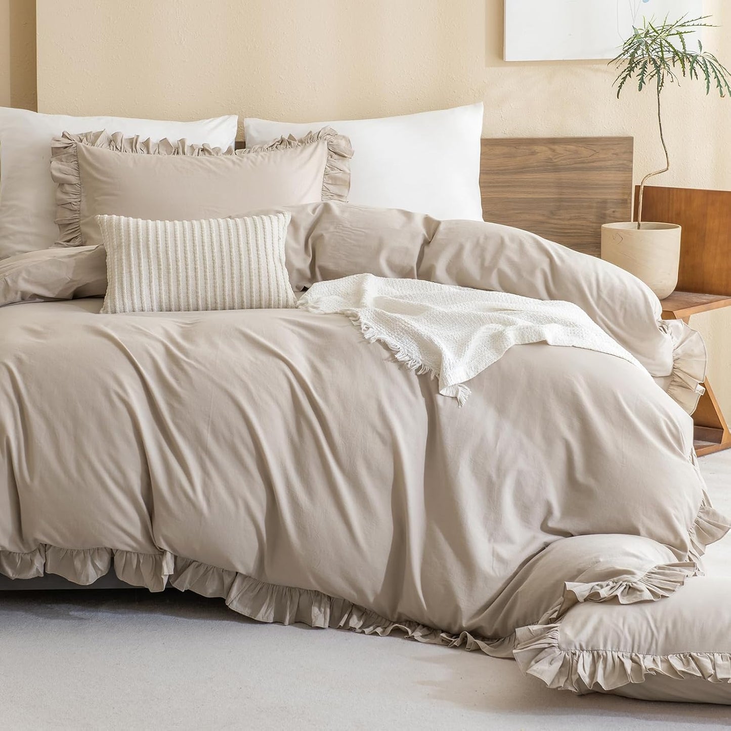 QSH Washed Cotton Queen Duvet Cover Set Ruffle Duvet Cover Linen Textured Farmhouse Shabby Vintage Chic Bedding Comforter Cover 3 PCs Aesthetic French Country Queen Bed Set