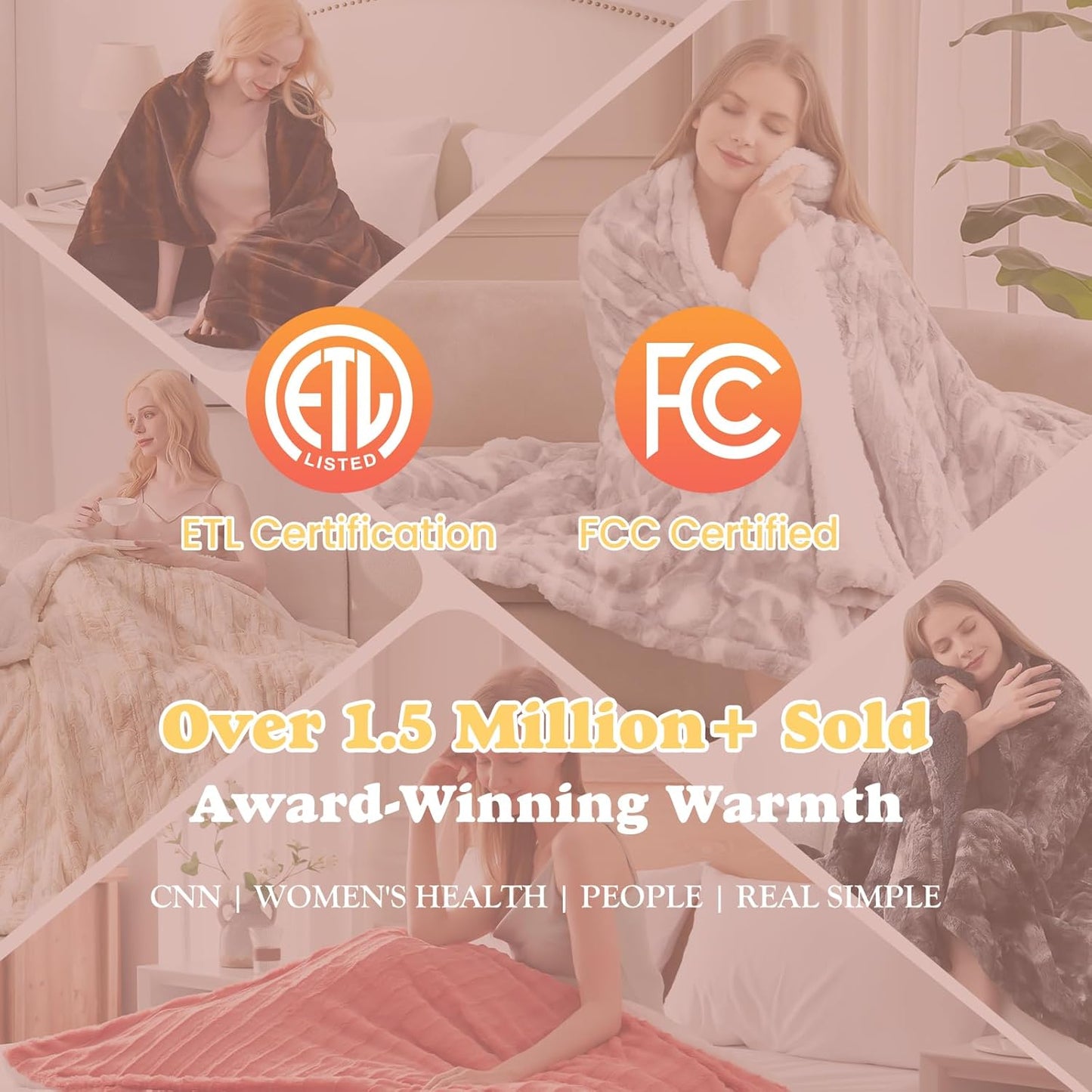 Heated Throw Blanket Faux Fur & Sherpa, Safe Electric Blanket ETL & FCC Certified, Soft Warm 6 Heating Levels & 4 Hours Auto-Off, Machine Washable, 50"x60" Beige